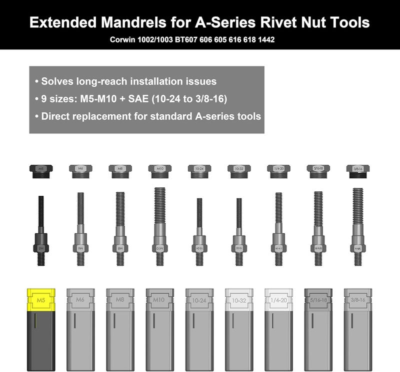 CORWIN Store M5 Extended Rivet Nut Gun Mandrels and Nosepiece Set, Specifically Designed for Installing Pre-bulbed Rivet Nuts and Similar Threaded Inserts Multi Grip - Image 2